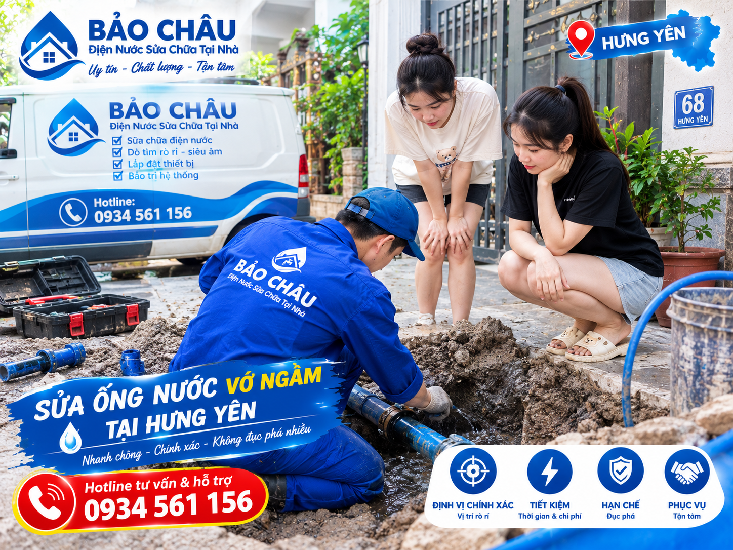 Xử lý đường ống nước vỡ ngầm ở Hưng Yên
