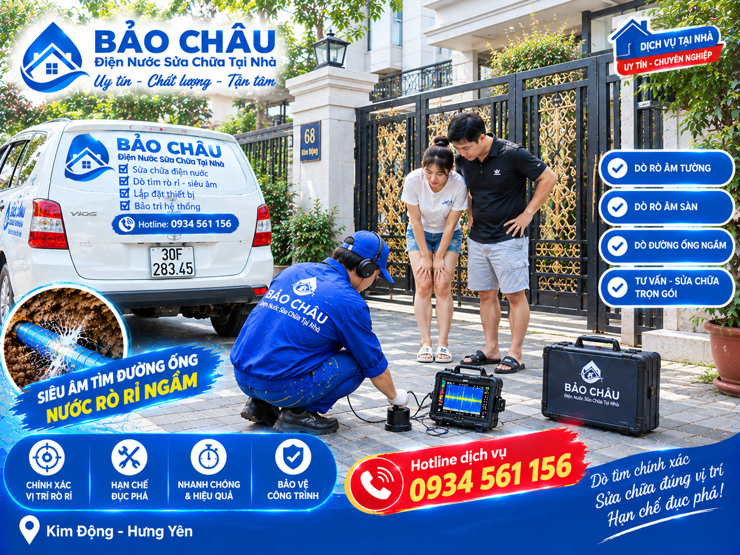 Dò tìm ống nước rò rỉ âm tường âm sàn tại Kim Động