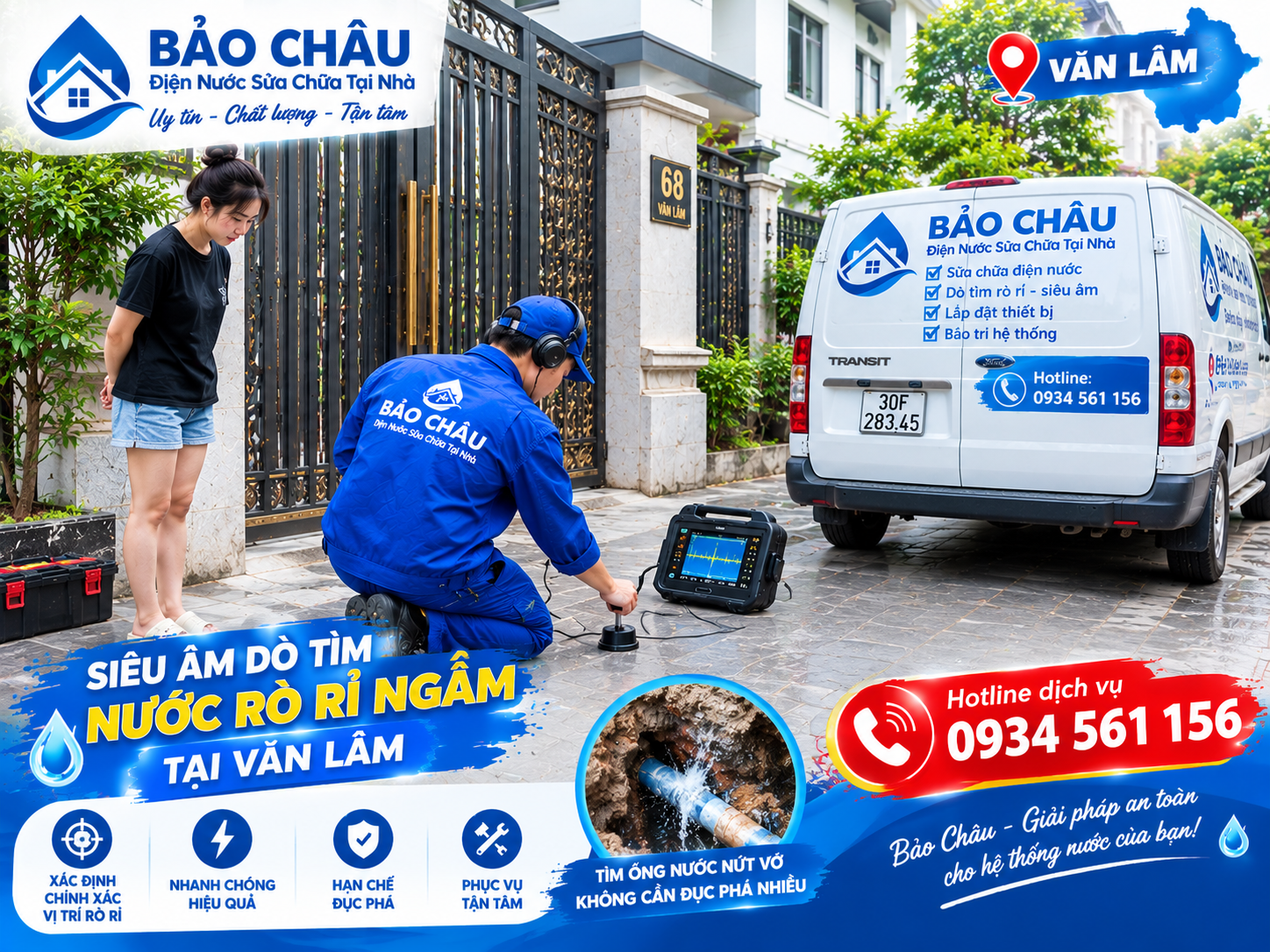 Siêu âm dò tìm ống nước rò rỉ âm nền tại Văn Lâm
