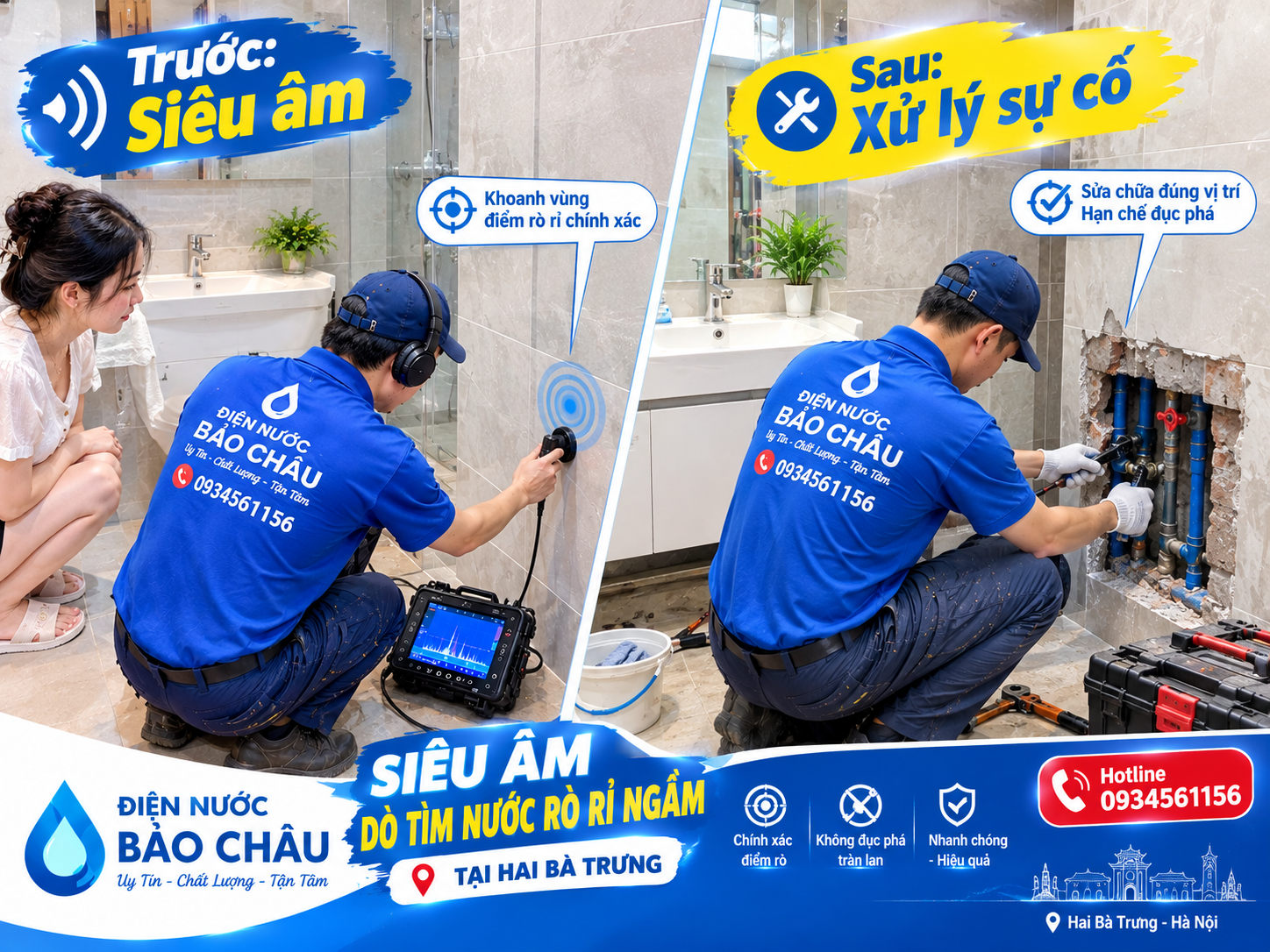 Thợ siêu âm và xử lý sự cố nước rò rỉ ngầm tại Hai Bà Trưng