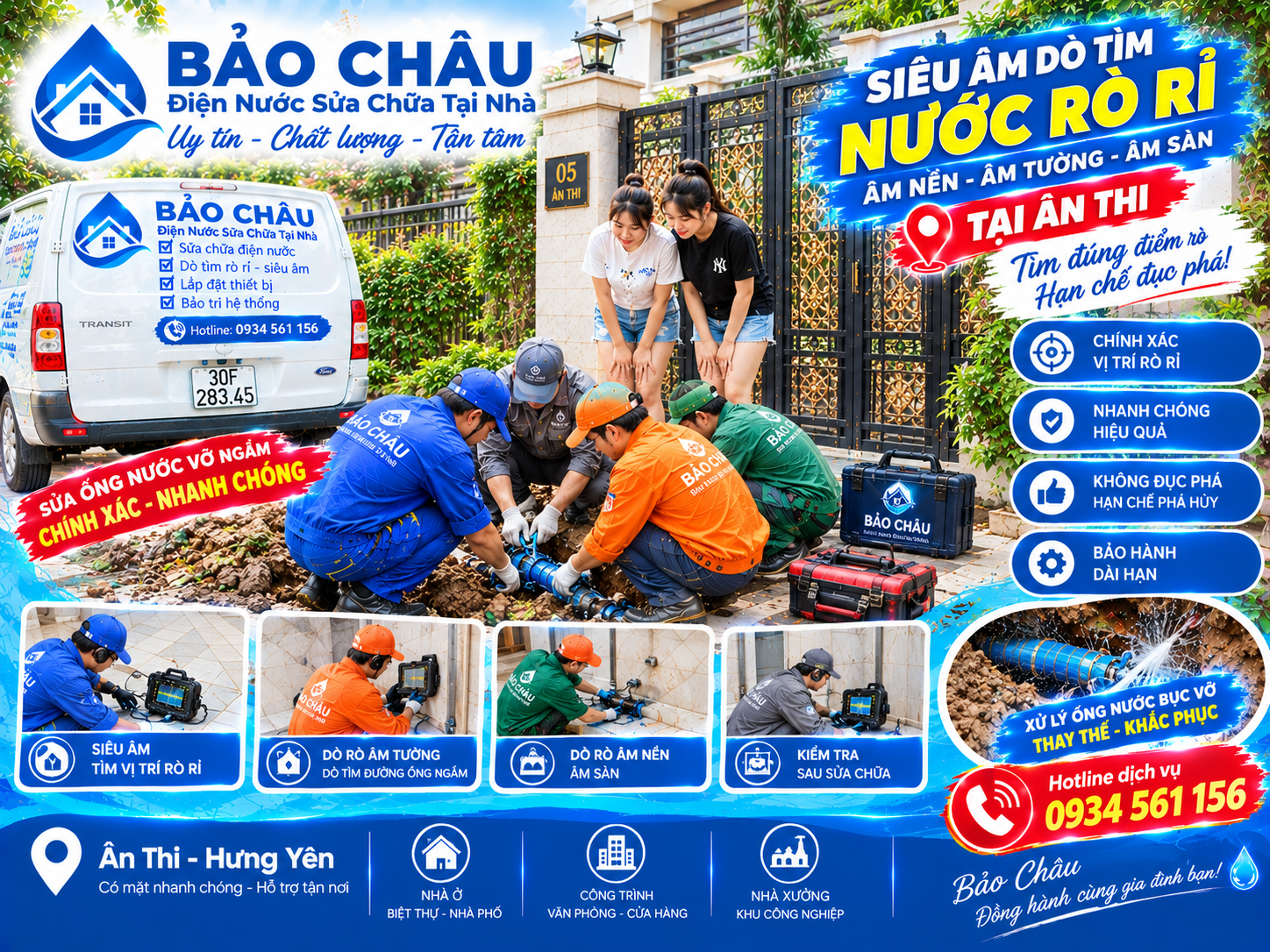 Siêu âm và sửa chữa ống nước ngầm tại Ân Thi