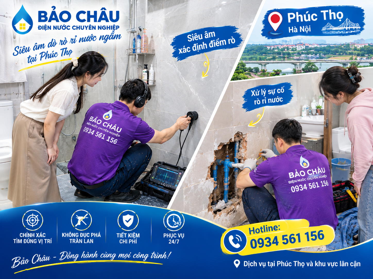 Siêu âm dò tìm và xử lý nước rò rỉ âm nền tại Phúc Thọ