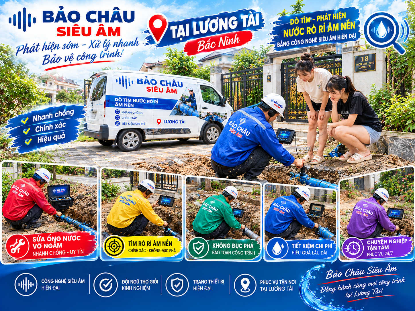Siêu âm và xử lý ống nước vỡ, rò rỉ âm nền tại Lương Tài
