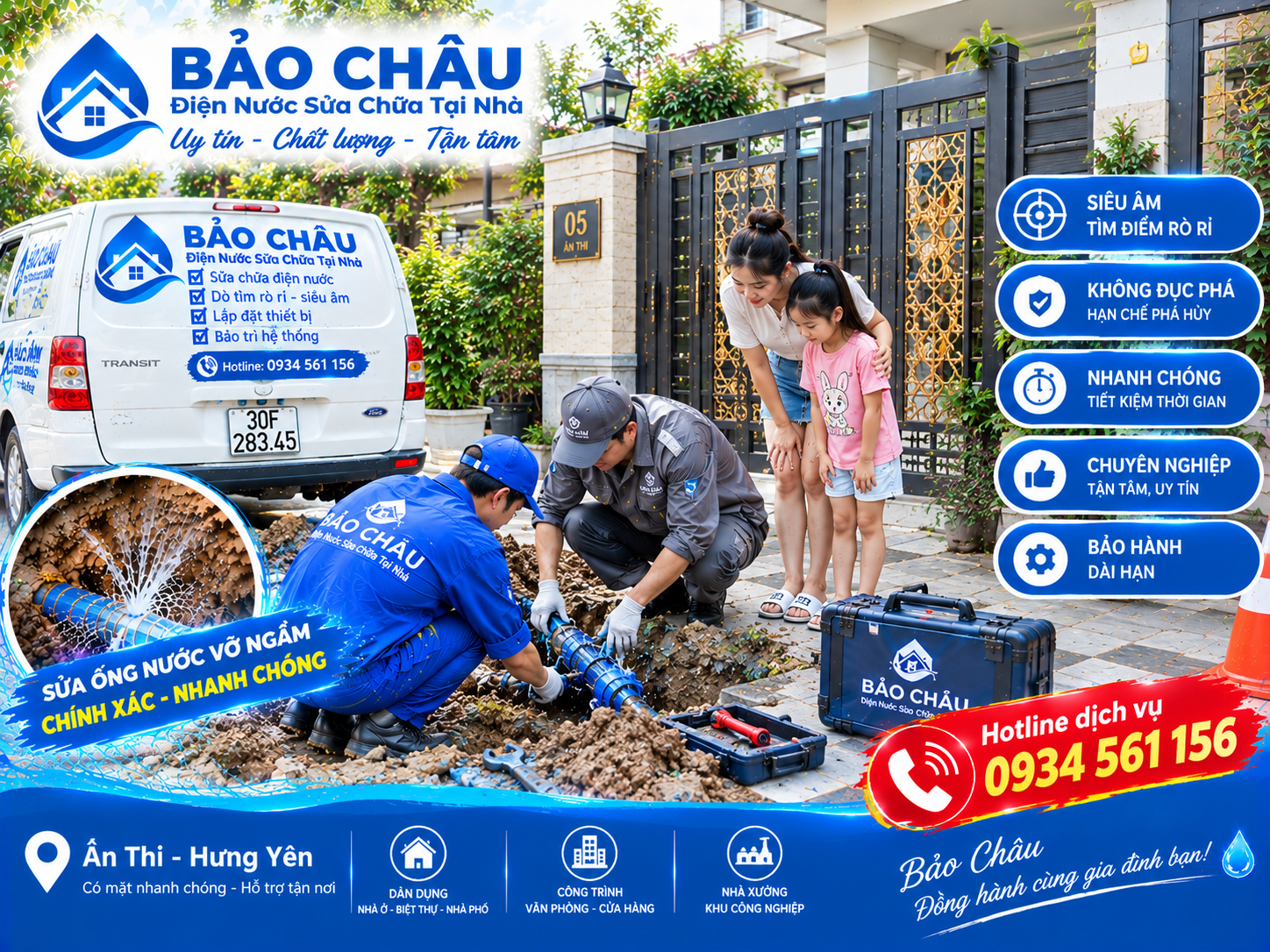 Sửa ống nước vỡ ngầm tại Ân Thi